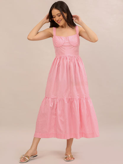 Pink Striped Bustier Tiered Maxi Dress