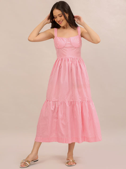 Pink Striped Bustier Tiered Maxi Dress
