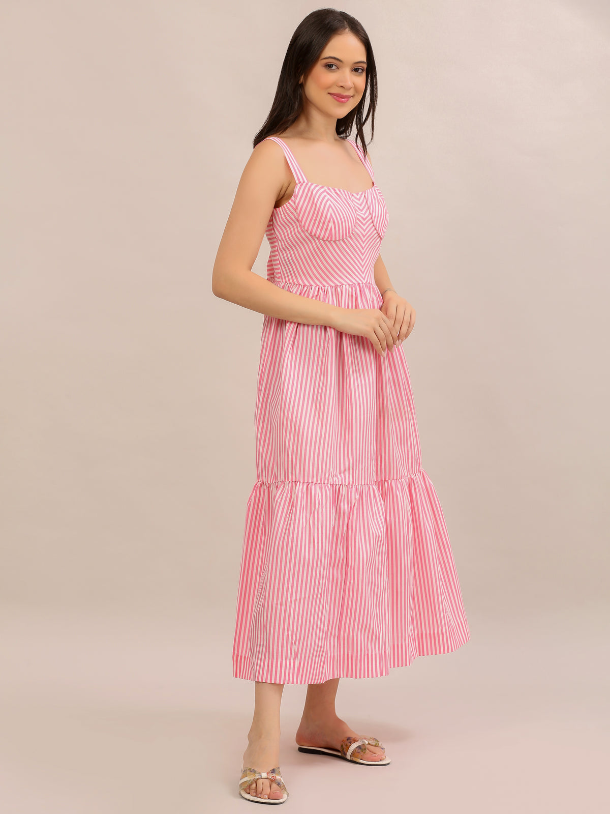 Pink Striped Bustier Tiered Maxi Dress