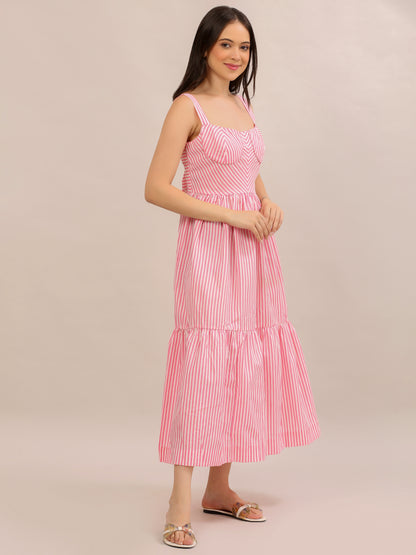 Pink Striped Bustier Tiered Maxi Dress
