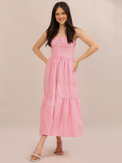 Pink Striped Bustier Tiered Maxi Dress