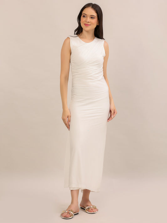 Elegant White Ruched Bodycon Maxi Dress
