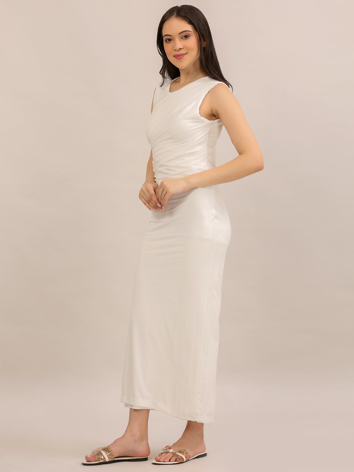 Elegant White Ruched Bodycon Maxi Dress