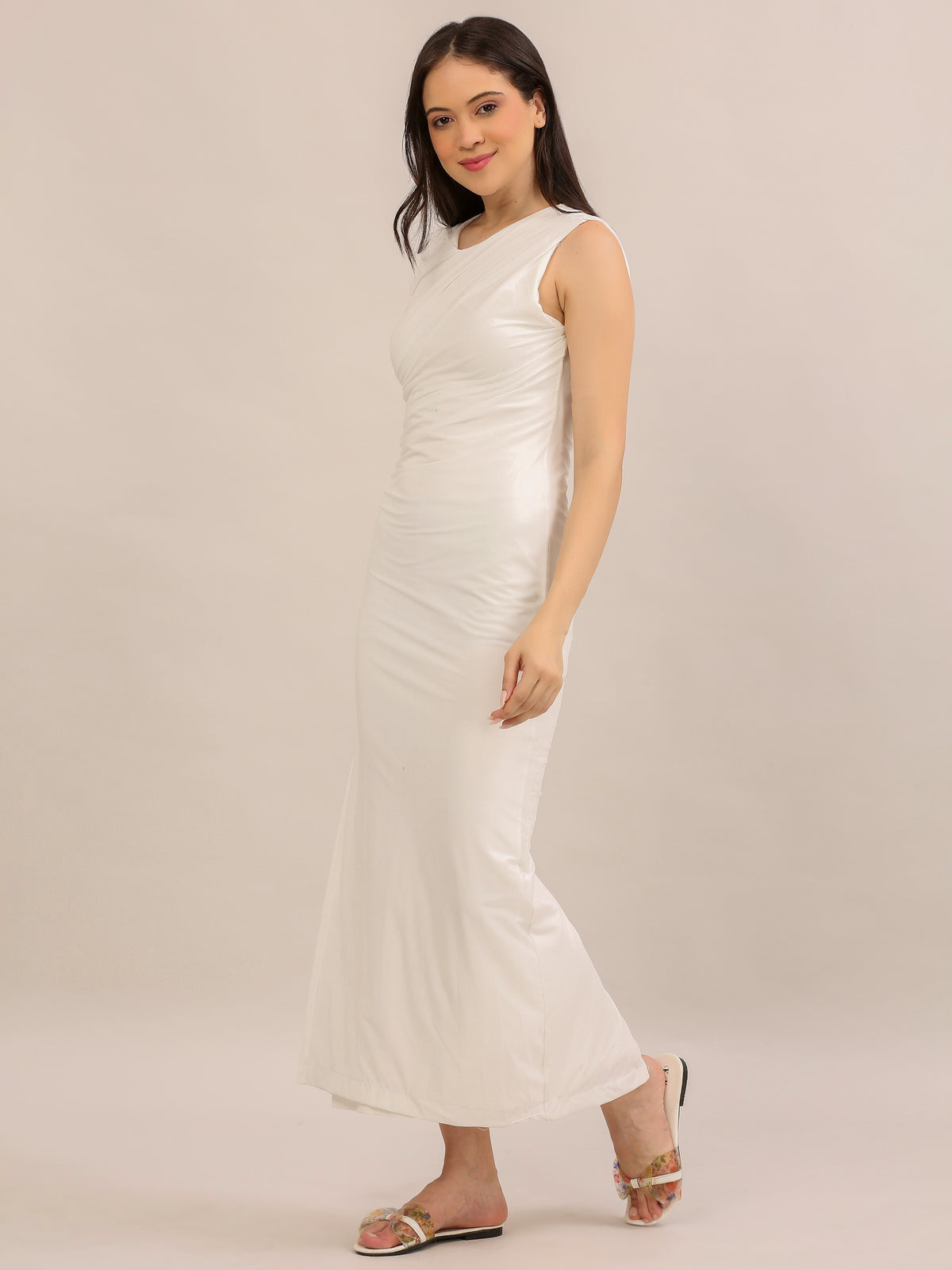 Elegant White Ruched Bodycon Maxi Dress