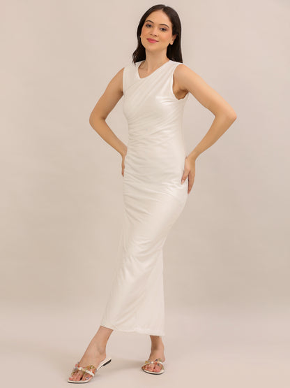 Elegant White Ruched Bodycon Maxi Dress