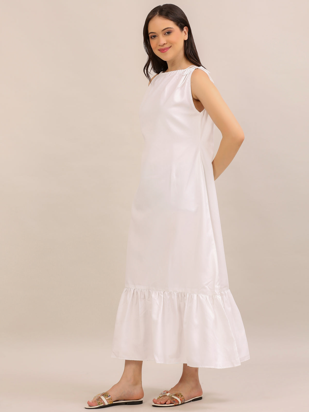Elegant White Sleeveless Ruffle-Hem Maxi Dress