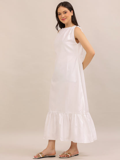 Elegant White Sleeveless Ruffle-Hem Maxi Dress