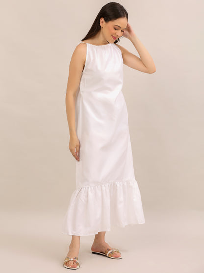Elegant White Sleeveless Ruffle-Hem Maxi Dress
