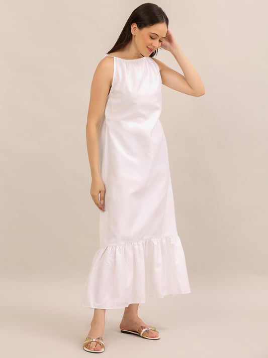 Elegant White Sleeveless Ruffle-Hem Maxi Dress