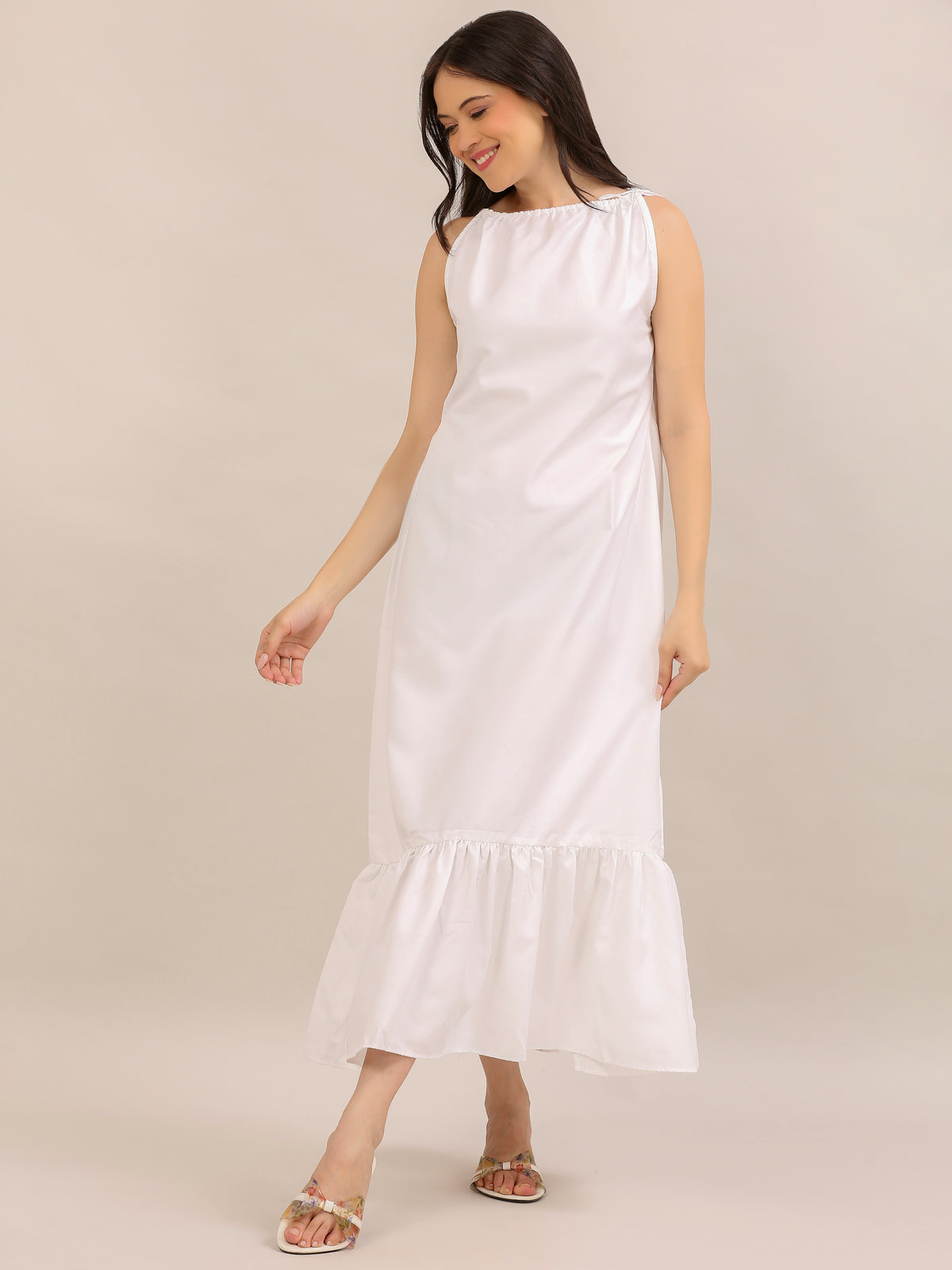 Elegant White Sleeveless Ruffle-Hem Maxi Dress