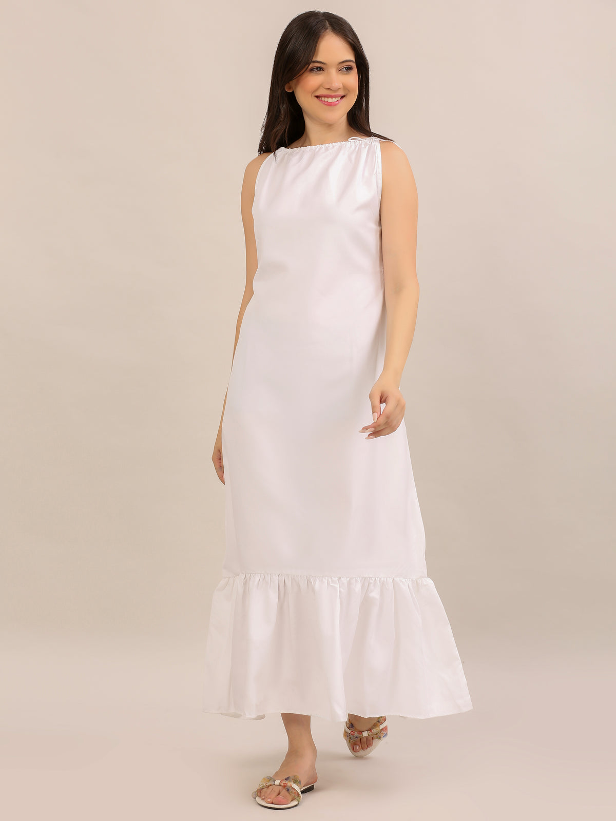 Elegant White Sleeveless Ruffle-Hem Maxi Dress