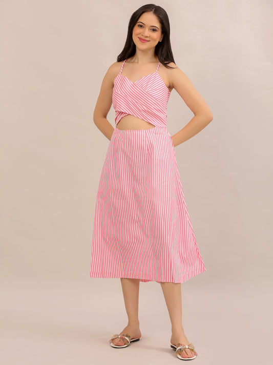 Pink Striped Cut-Out Wrap Midi Dress