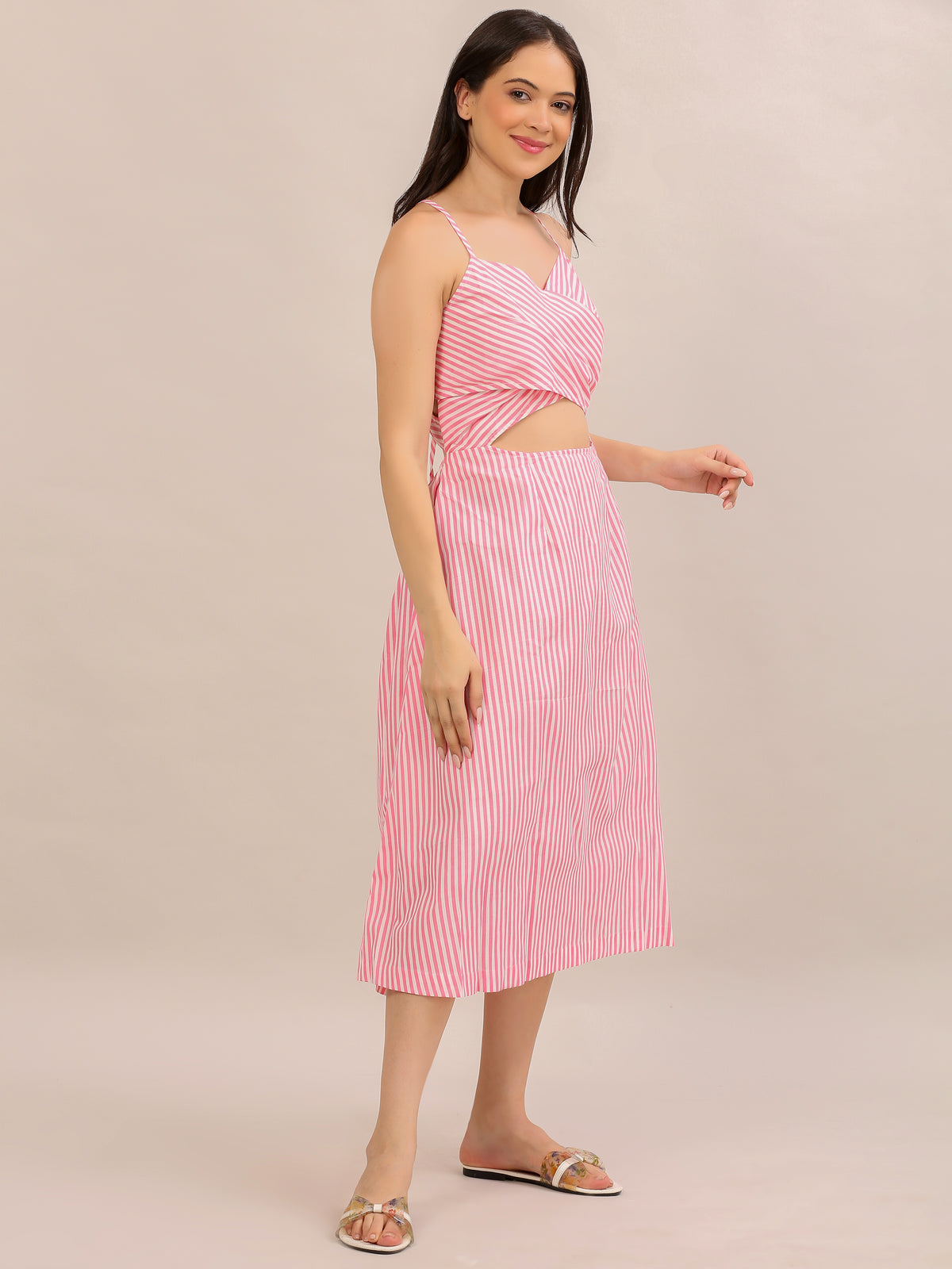 Pink Striped Cut-Out Wrap Midi Dress