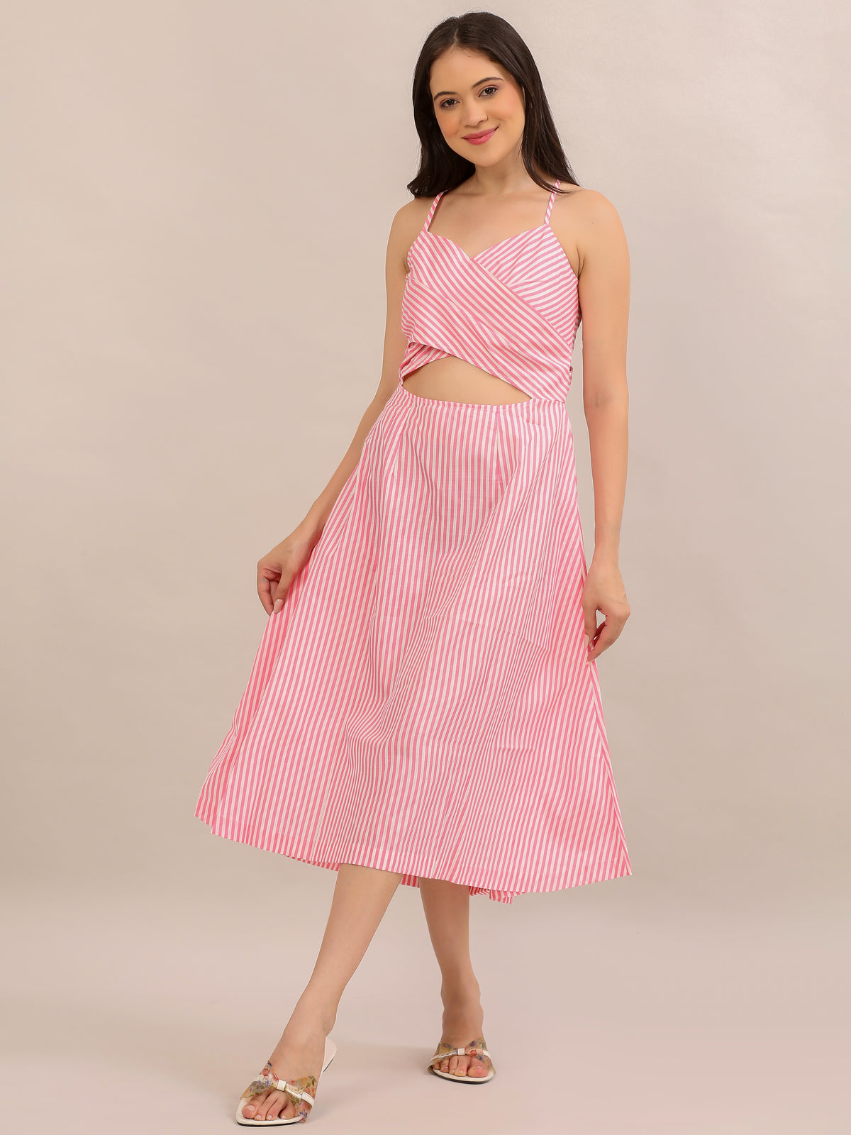 Pink Striped Cut-Out Wrap Midi Dress