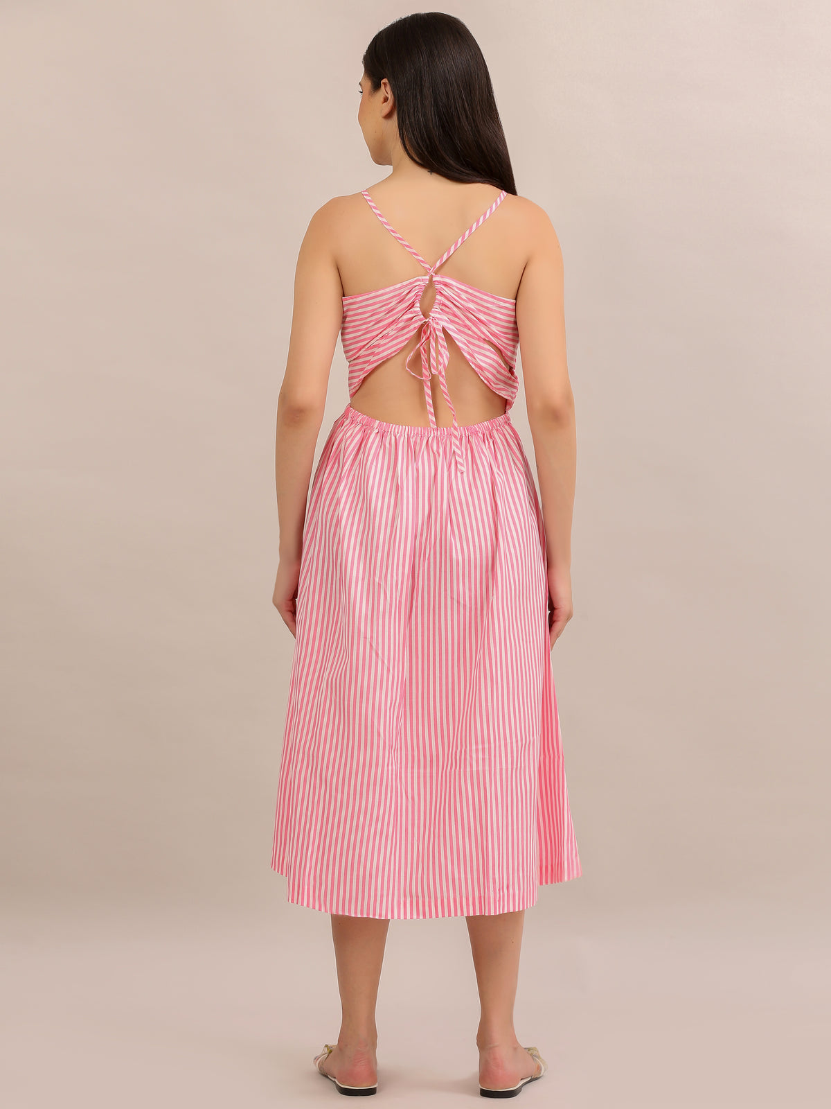Pink Striped Cut-Out Wrap Midi Dress