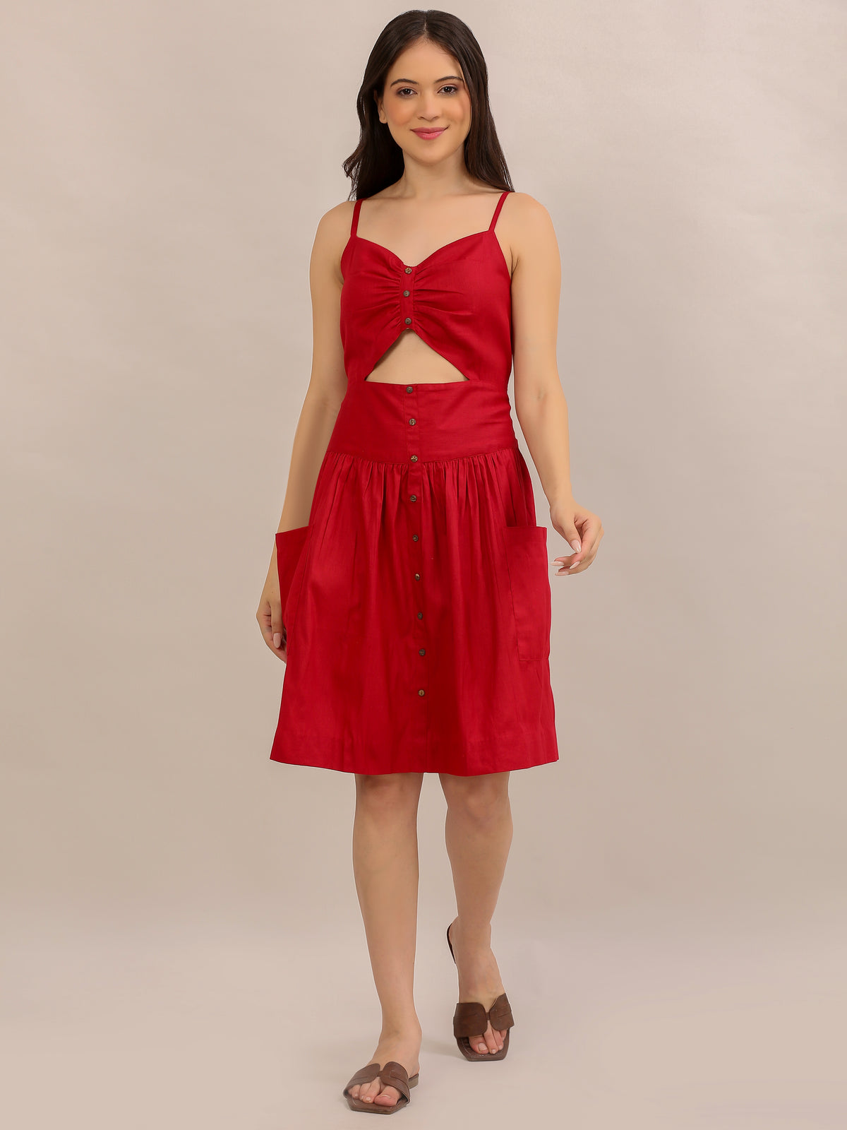 Red Ruched Cut-Out Button-Down Midi Dress