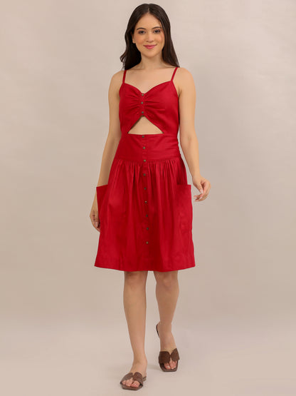 Red Ruched Cut-Out Button-Down Midi Dress