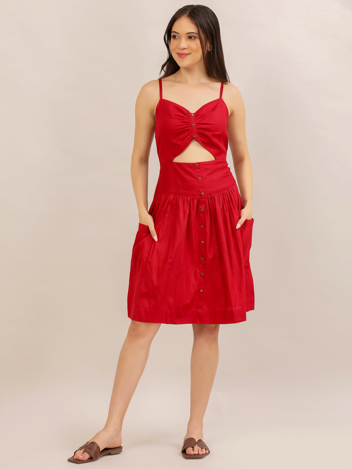 Red Ruched Cut-Out Button-Down Midi Dress