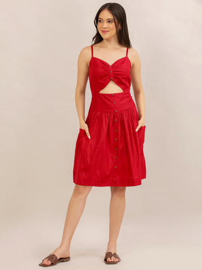 Red Ruched Cut-Out Button-Down Midi Dress