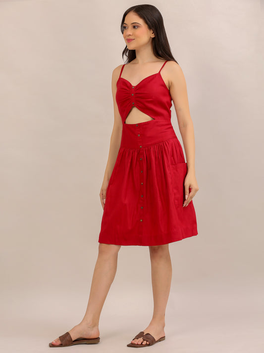 Red Ruched Cut-Out Button-Down Midi Dress