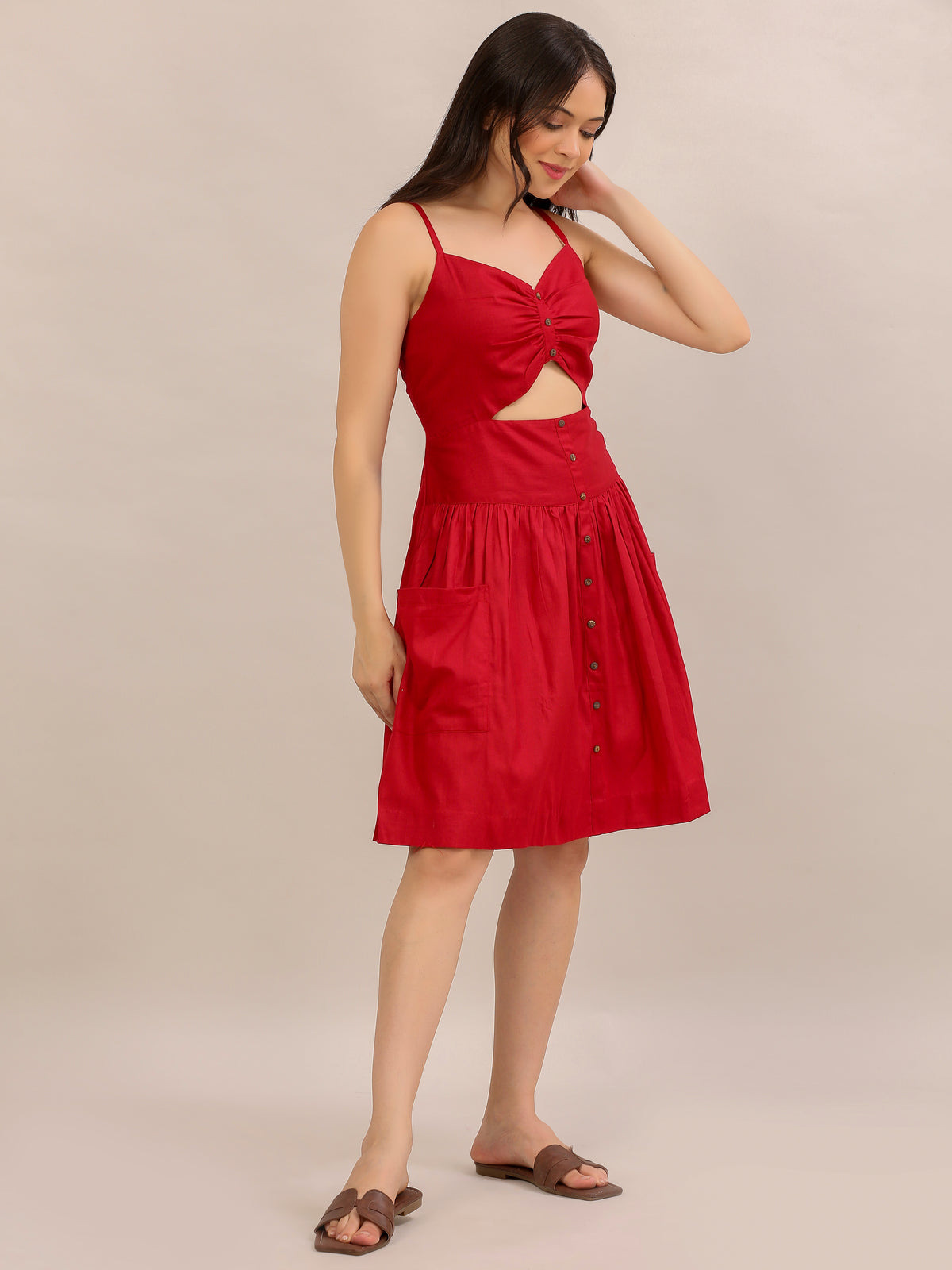 Red Ruched Cut-Out Button-Down Midi Dress