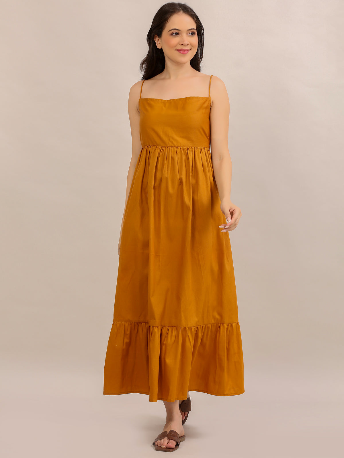 Mustard Yellow Strappy Tiered Maxi Dress