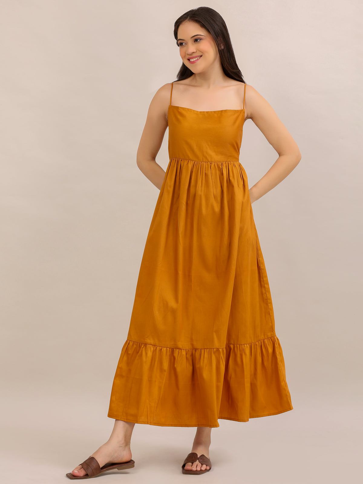 Mustard Yellow Strappy Tiered Maxi Dress