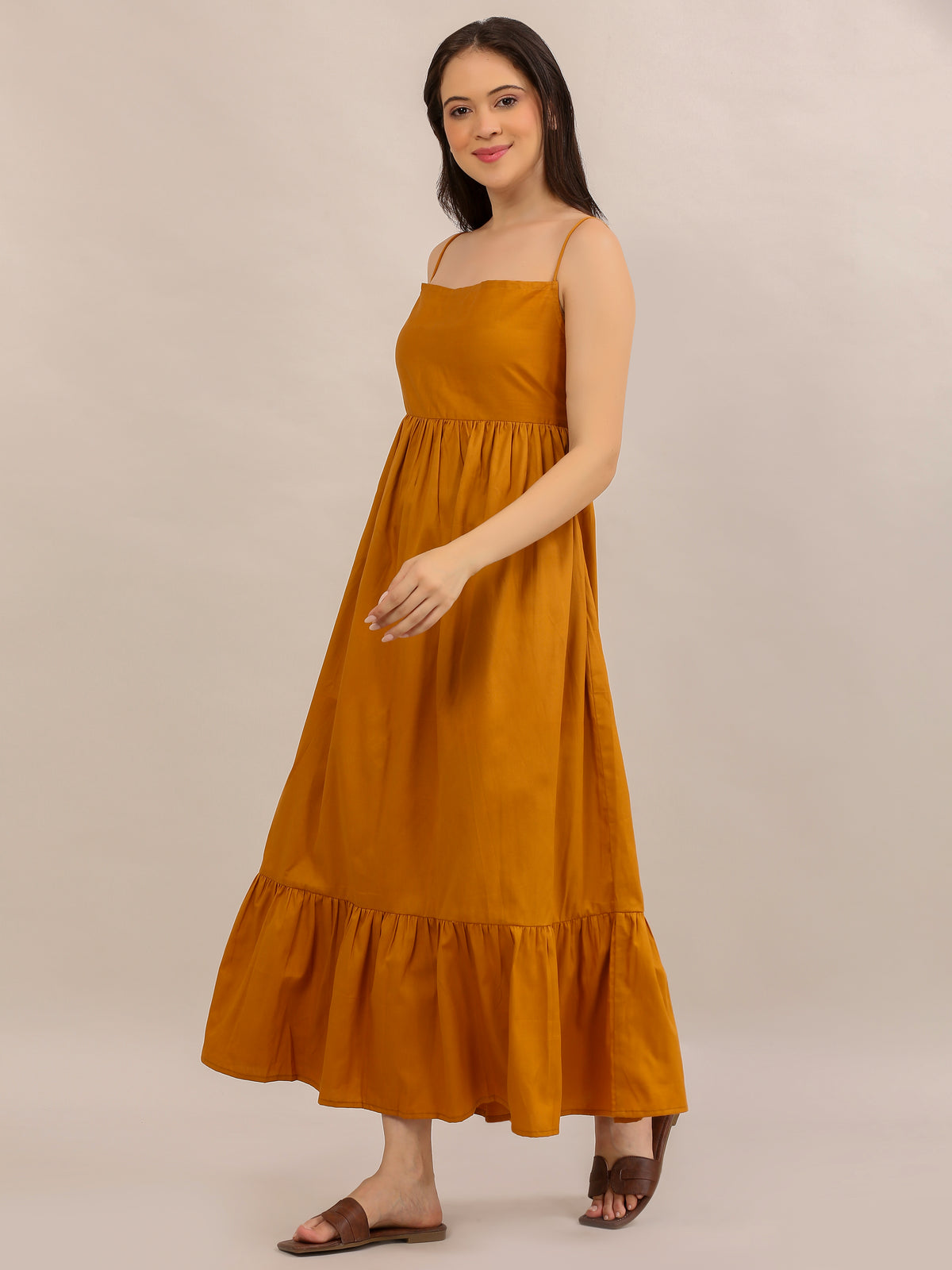 Mustard Yellow Strappy Tiered Maxi Dress