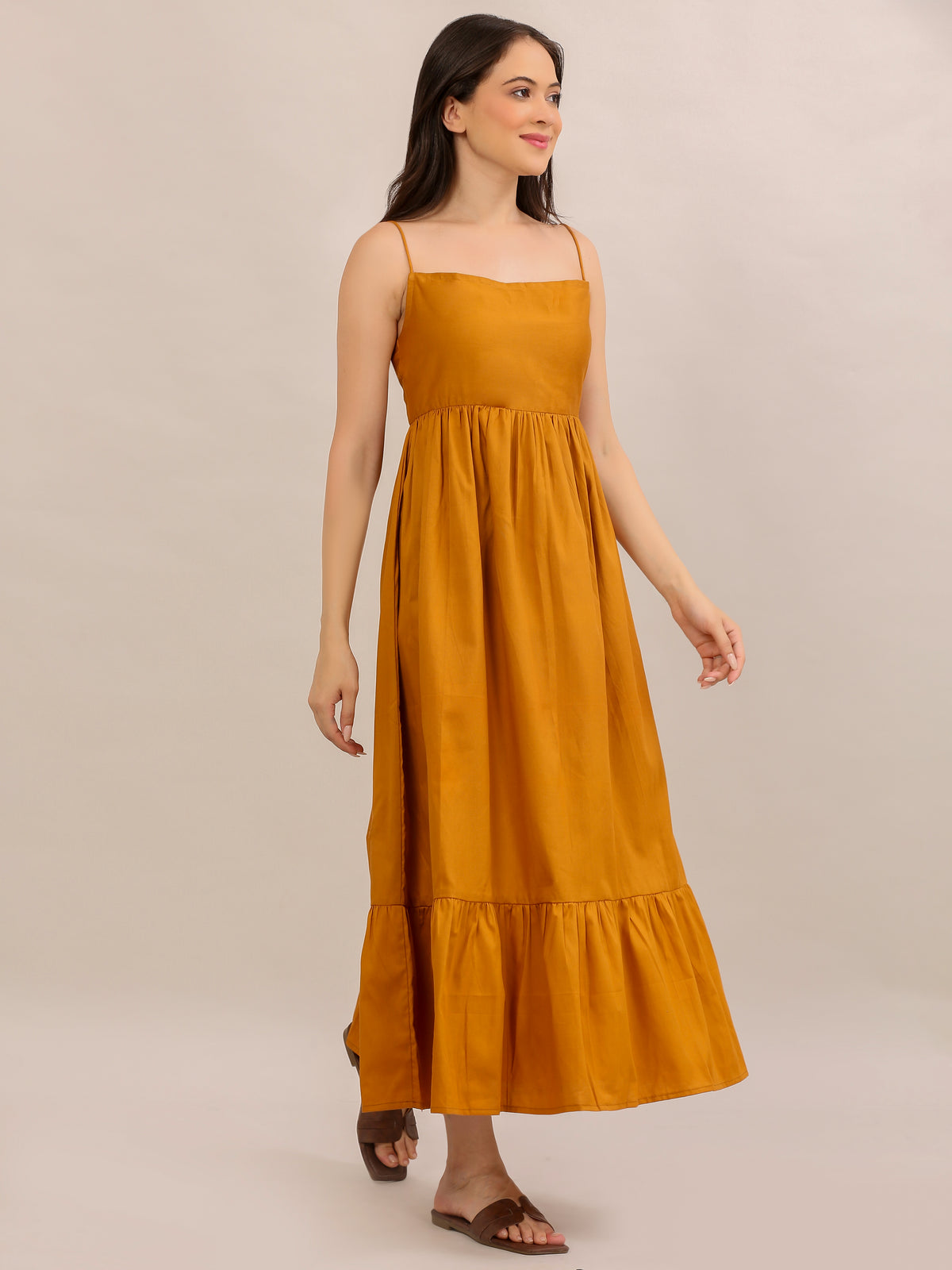 Mustard Yellow Strappy Tiered Maxi Dress