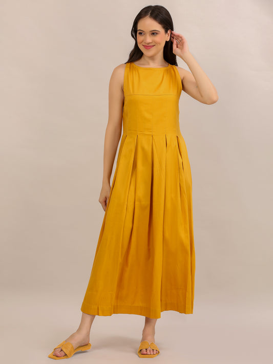 Mustard Yellow Sleeveless Pleated Maxi Dress