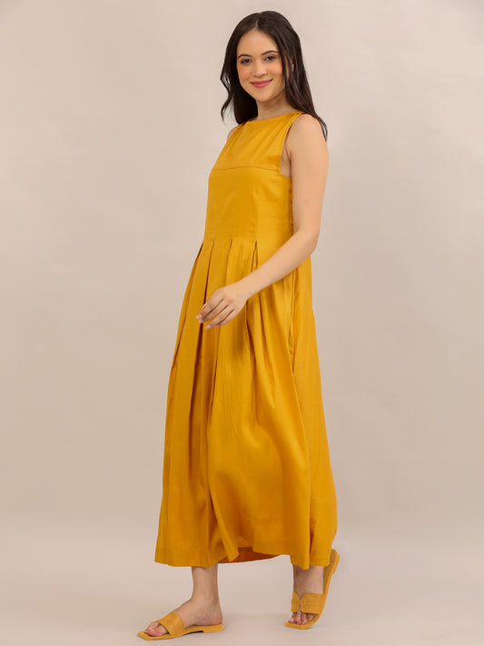 Mustard Yellow Sleeveless Pleated Maxi Dress