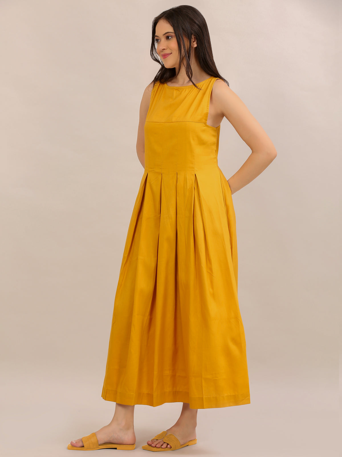 Mustard Yellow Sleeveless Pleated Maxi Dress