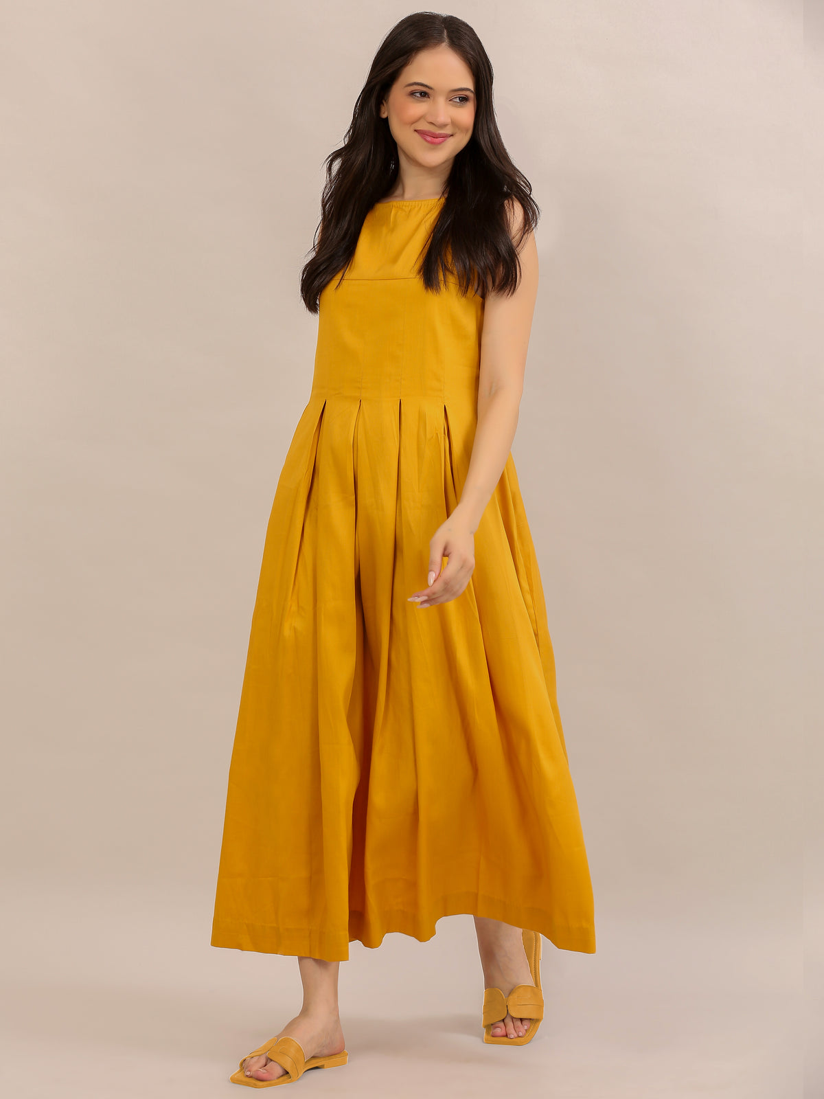 Mustard Yellow Sleeveless Pleated Maxi Dress
