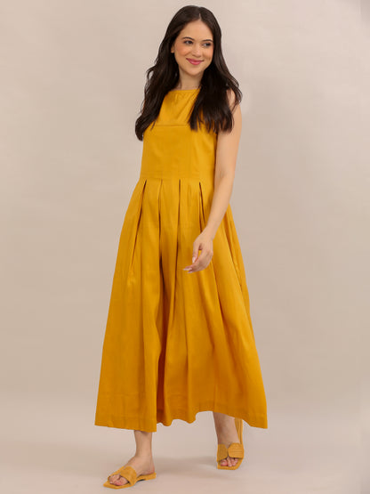 Mustard Yellow Sleeveless Pleated Maxi Dress