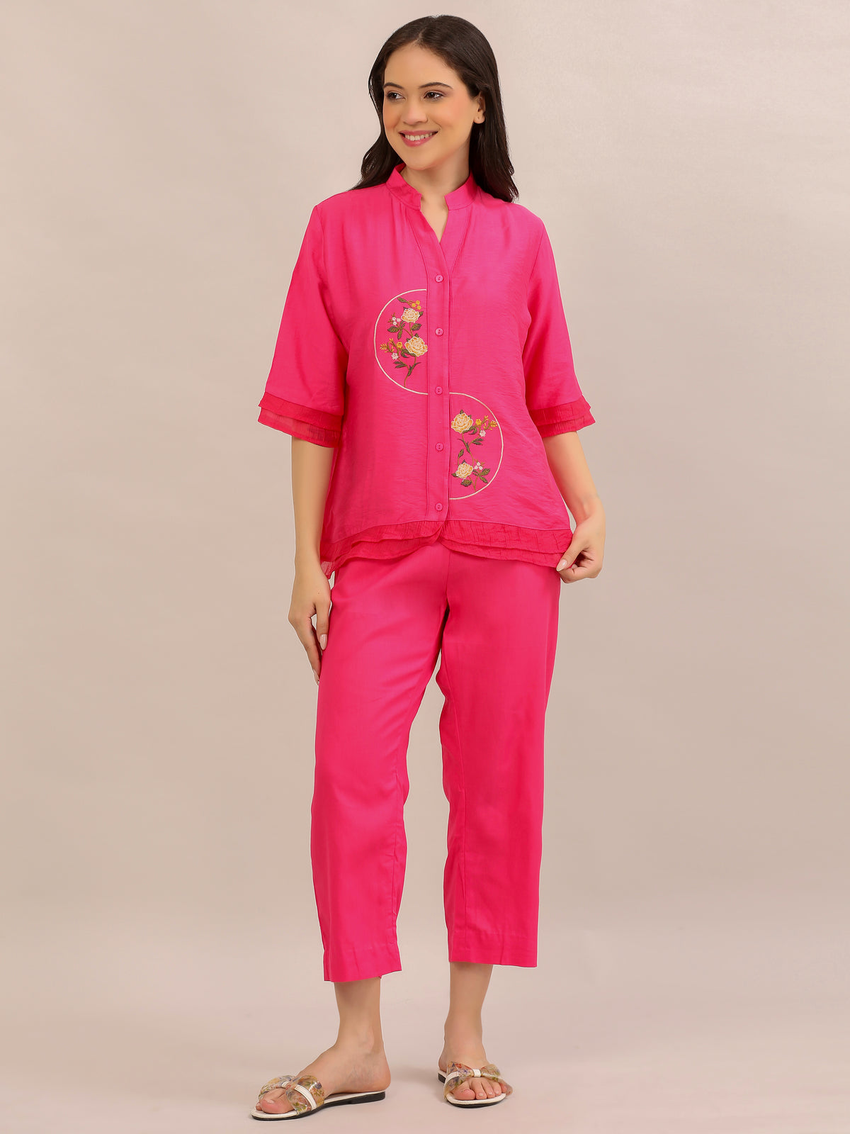 Hot Pink Floral Embroidered Co-ord Set
