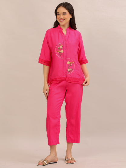 Hot Pink Floral Embroidered Co-ord Set
