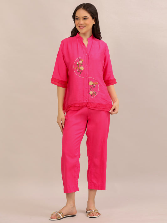 Hot Pink Floral Embroidered Co-ord Set