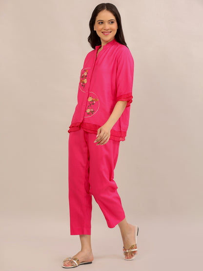 Hot Pink Floral Embroidered Co-ord Set