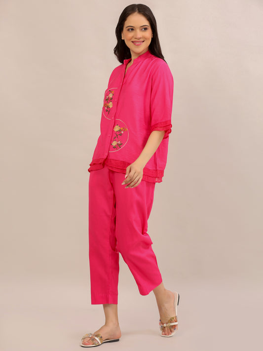 Hot Pink Floral Embroidered Co-ord Set