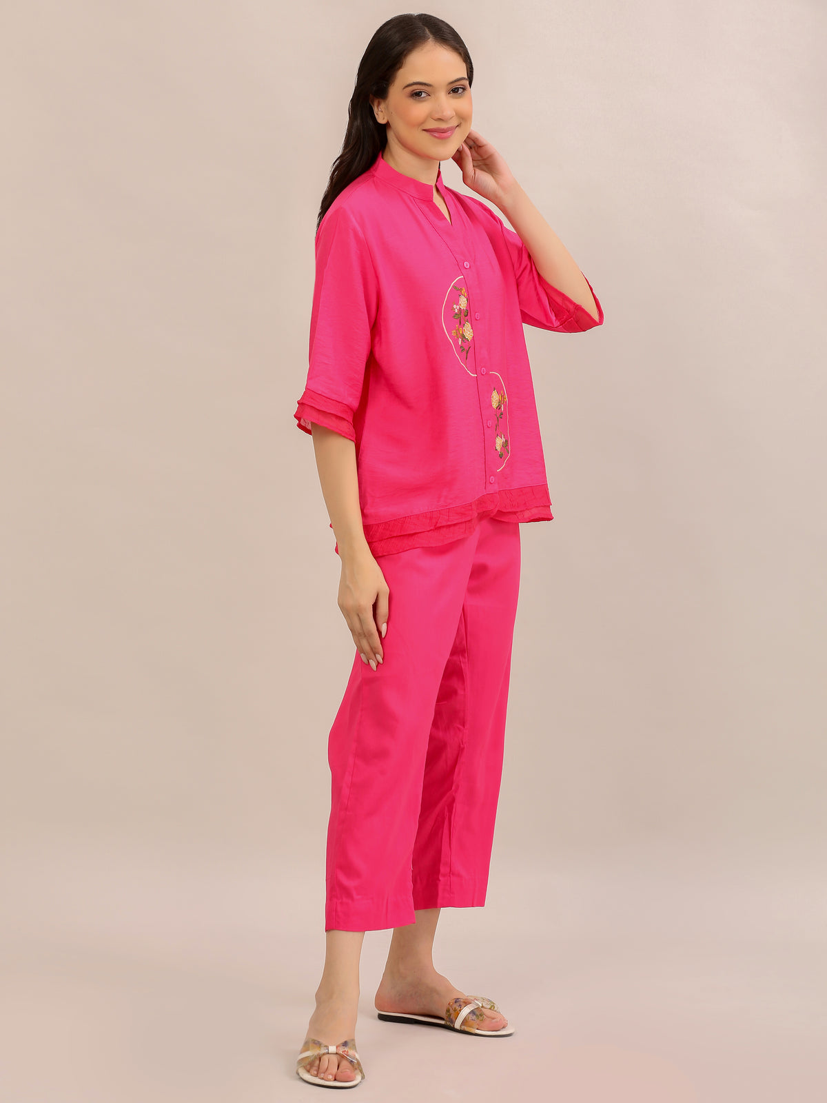 Hot Pink Floral Embroidered Co-ord Set