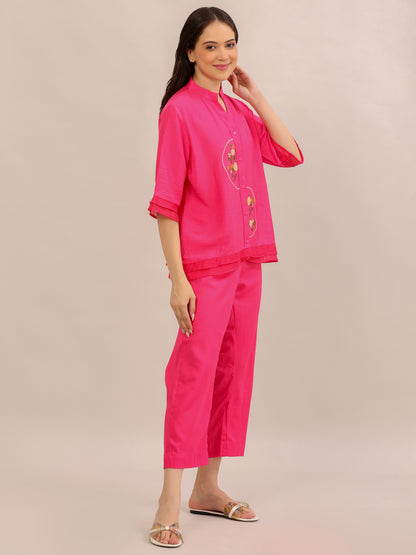 Hot Pink Floral Embroidered Co-ord Set