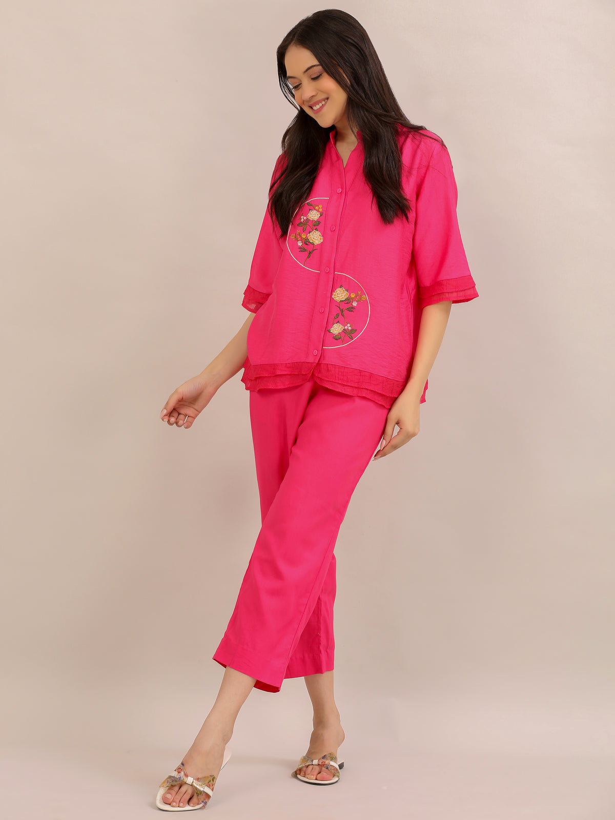 Hot Pink Floral Embroidered Co-ord Set