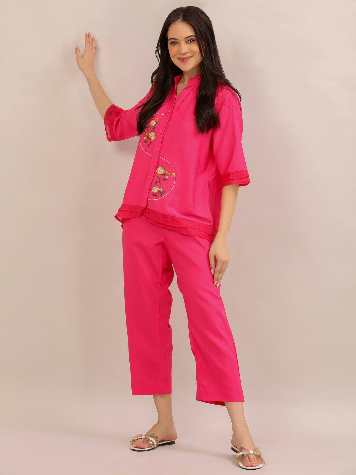 Hot Pink Floral Embroidered Co-ord Set