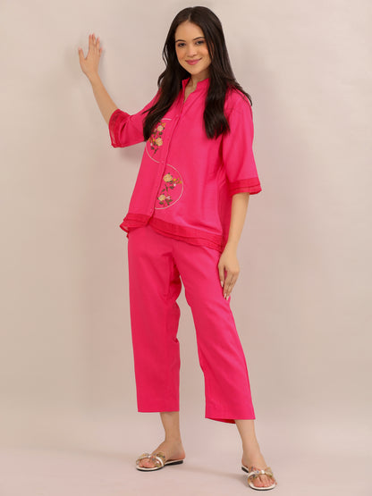 Hot Pink Floral Embroidered Co-ord Set