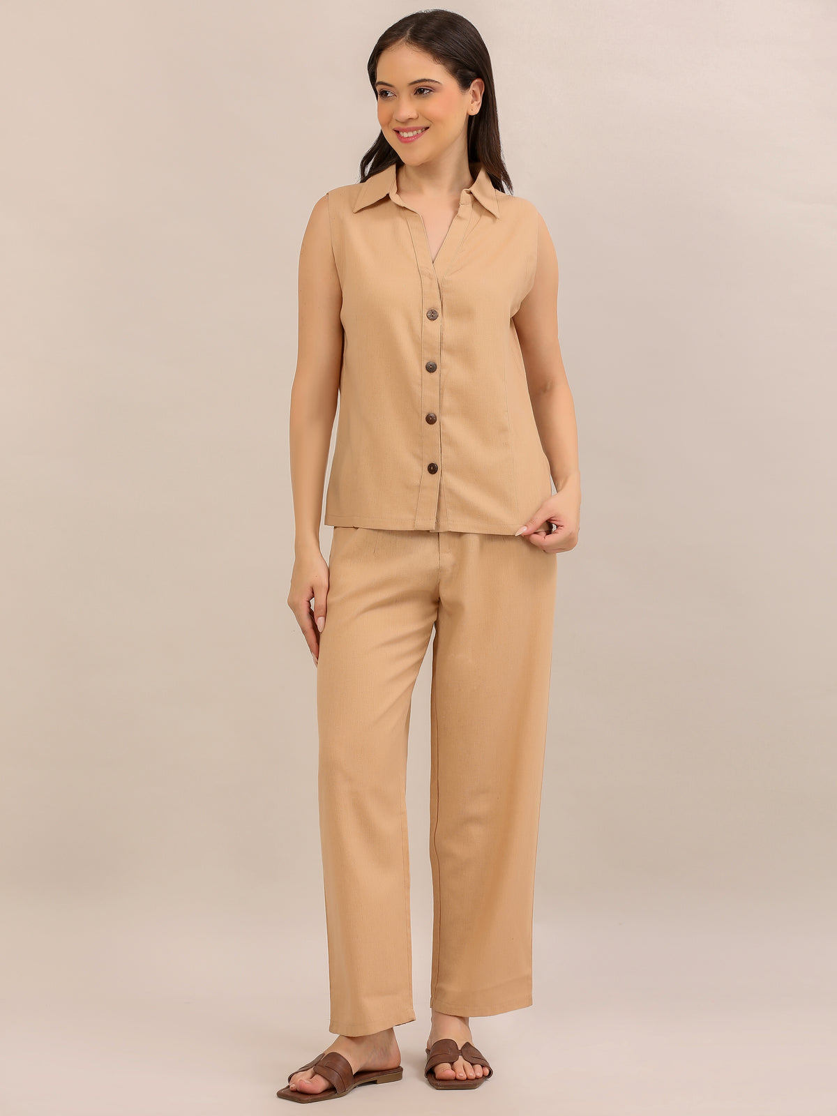 Beige Sleeveless Button-Down Co-ord Set