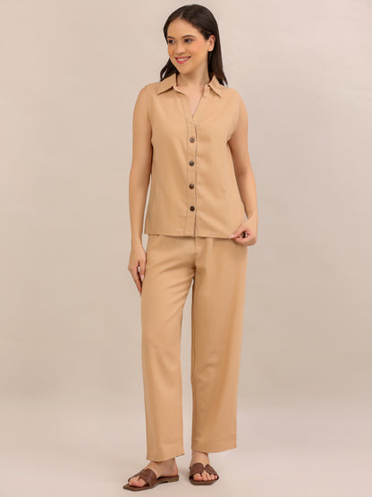 Beige Sleeveless Button-Down Co-ord Set