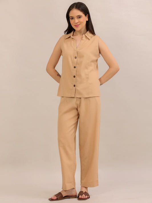 Beige Sleeveless Button-Down Co-ord Set