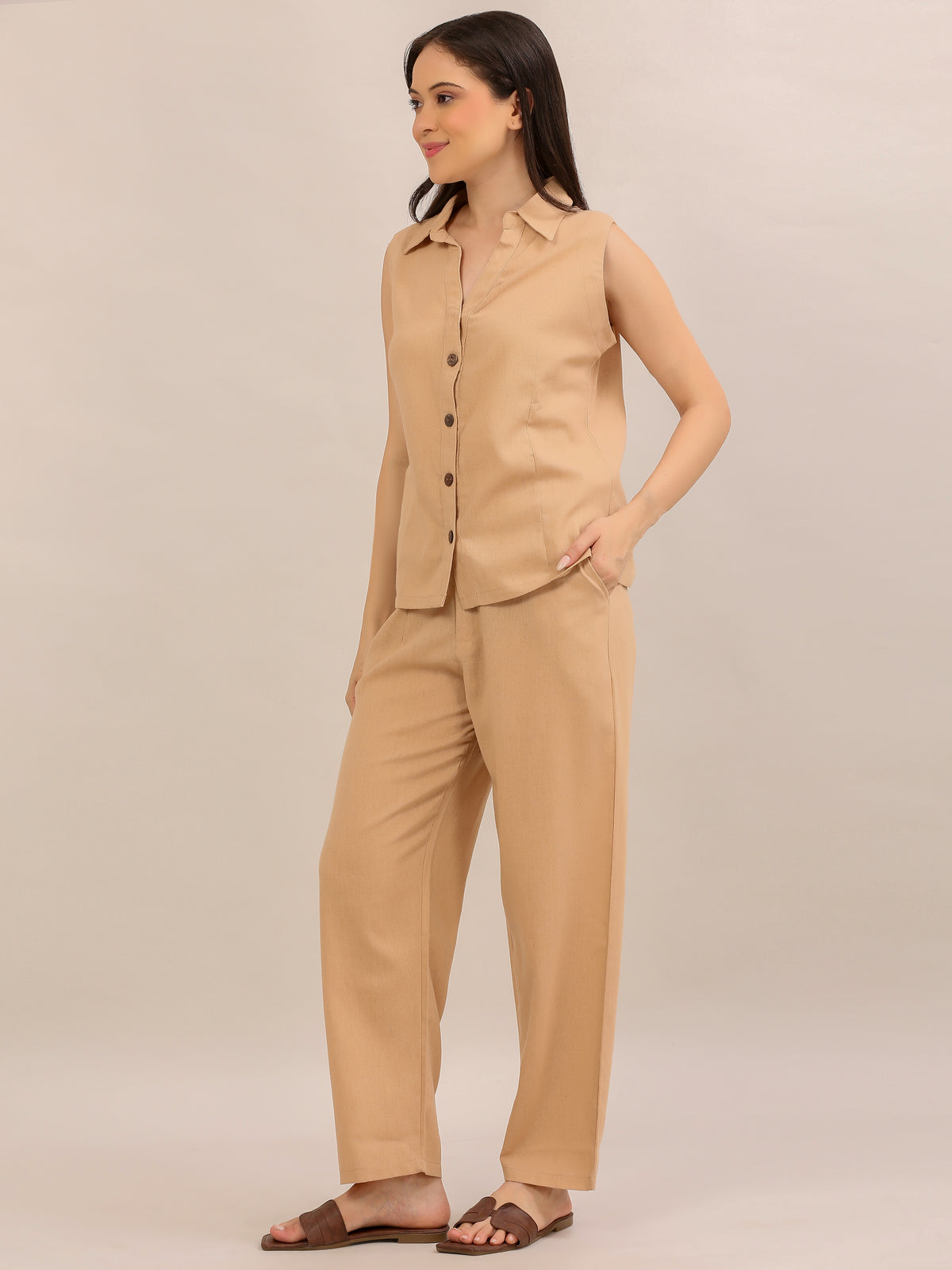 Beige Sleeveless Button-Down Co-ord Set