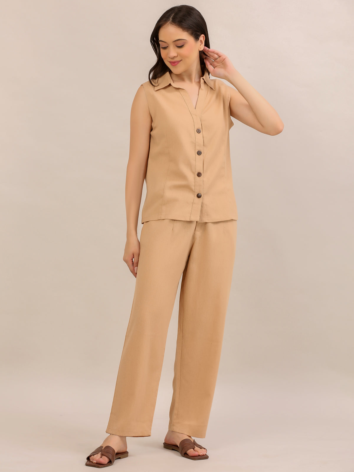 Beige Sleeveless Button-Down Co-ord Set