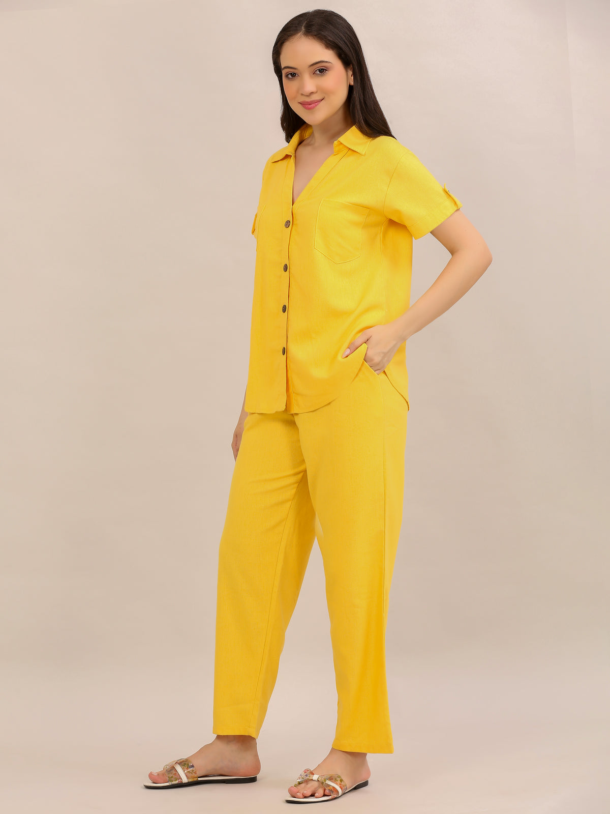 Sunshine Yellow Button-Down Shirt and Trouser Co-ord Set